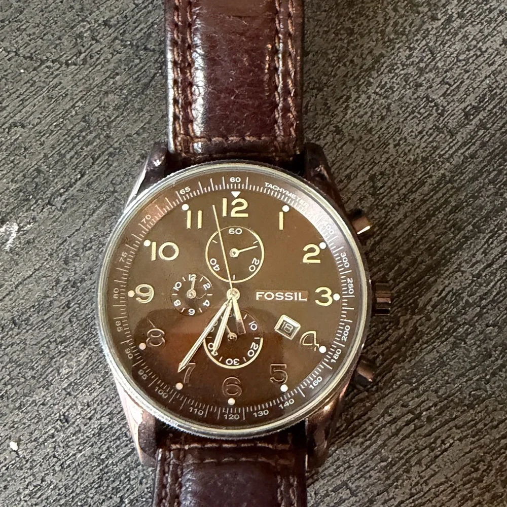 Fossil Dark Brown Leather Watch with Silver Case